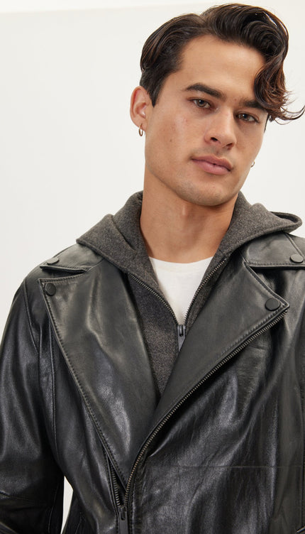 Asymmetric-Zip Leather Motorcycle Jacket - Black