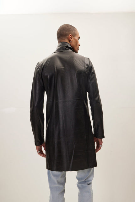 Men's Asymmetric Lambskin Trench Coat - Black | Ron Tomson