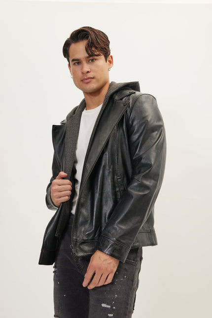 Men's Asymmetric-Zip Leather Motorcycle Jacket - Black | Ron Tomson