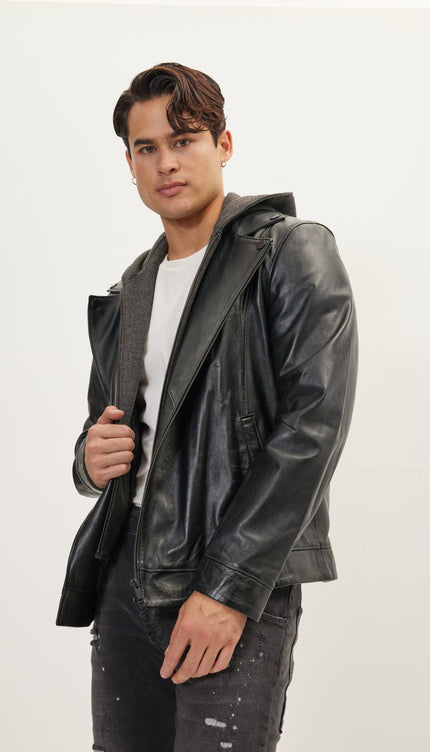 Asymmetric-Zip Leather Motorcycle Jacket - Black