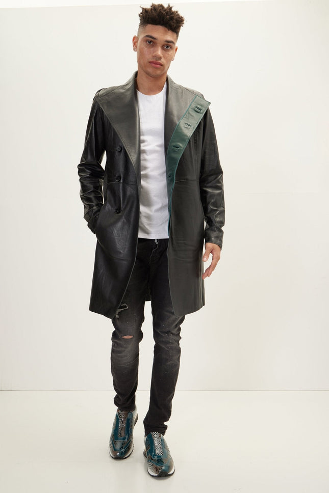Men's Double-Breasted Lambskin Leather Overcoat - Black Green | Ron Tomson