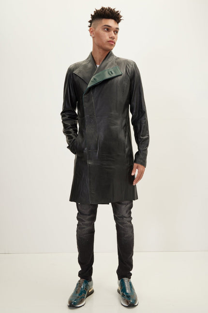 Men's Double-Breasted Lambskin Leather Overcoat - Black Green | Ron Tomson