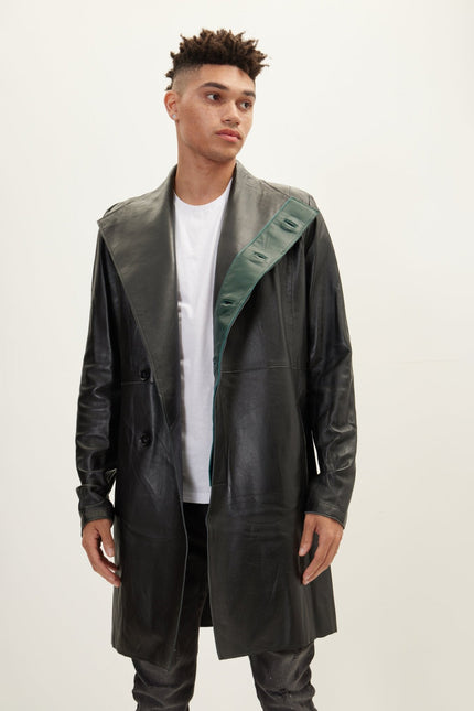 Men's Double-Breasted Lambskin Leather Overcoat - Black Green | Ron Tomson