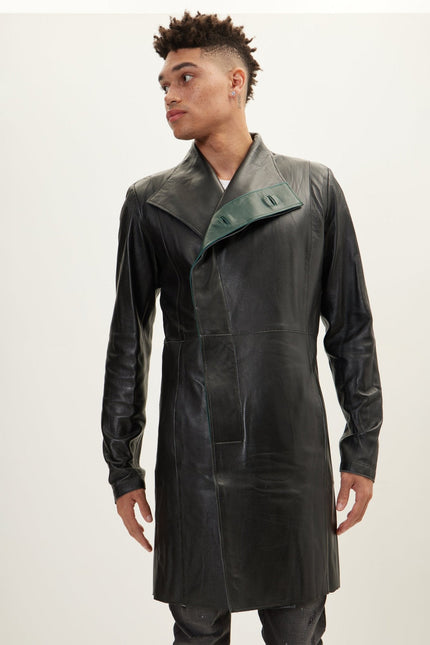 Men's Double-Breasted Lambskin Leather Overcoat - Black Green | Ron Tomson