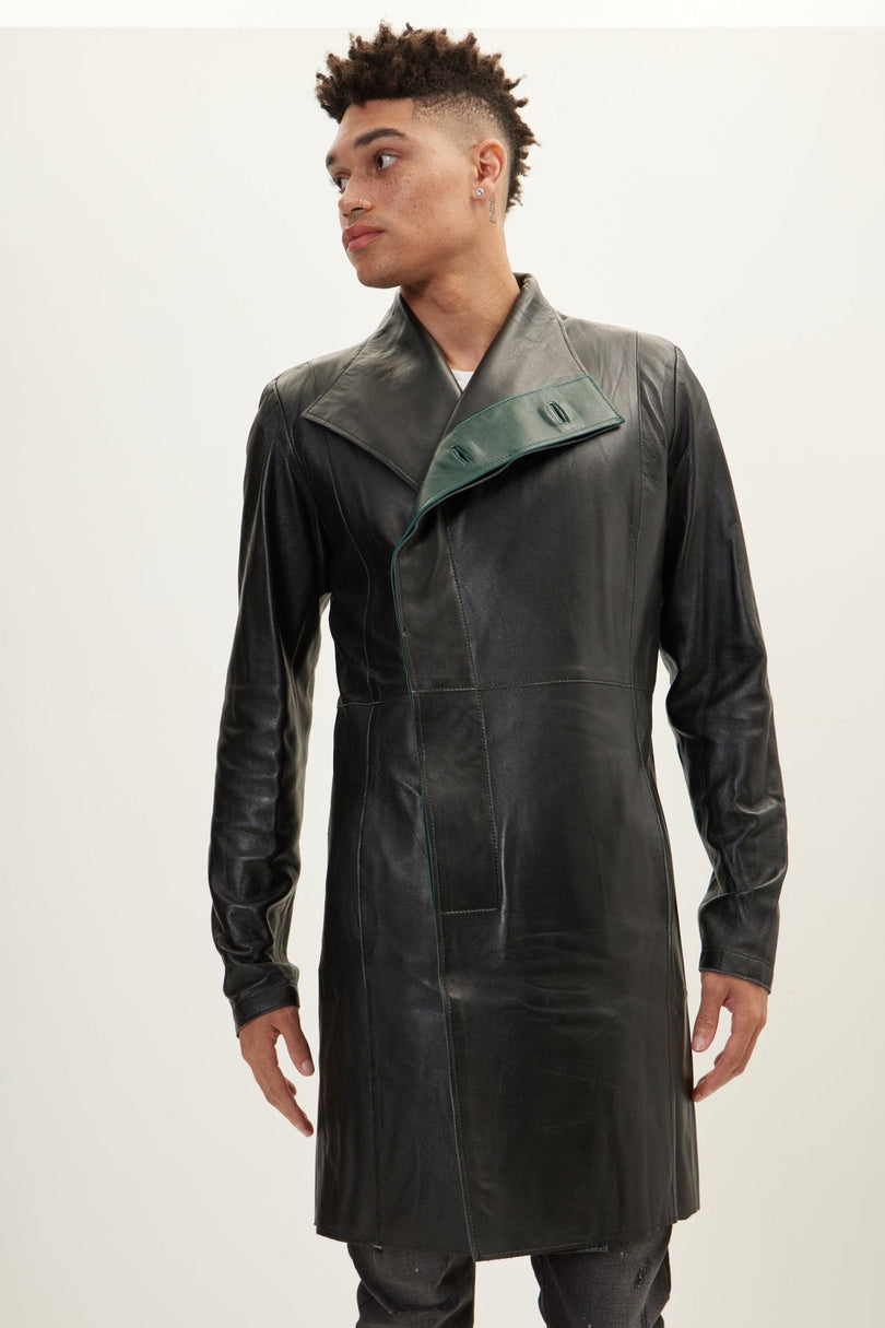 Men's Double-Breasted Lambskin Leather Overcoat - Black Green | Ron Tomson