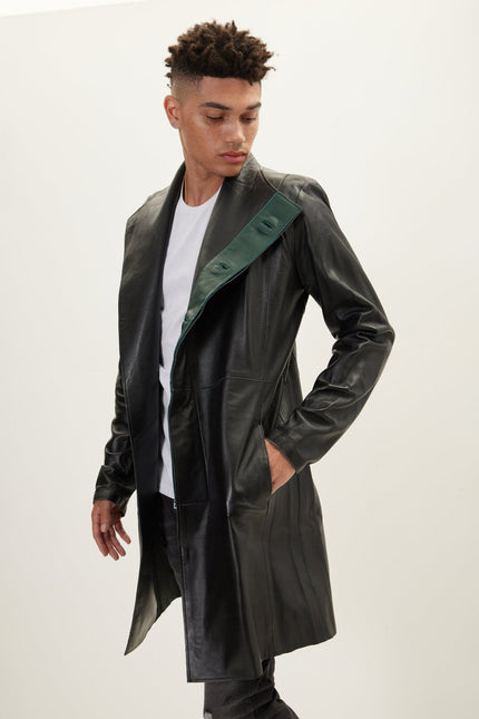 Men's Double-Breasted Lambskin Leather Overcoat - Black Green | Ron Tomson