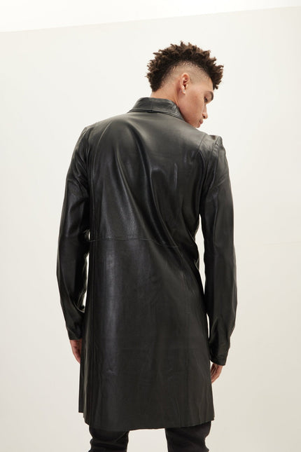 Men's Double-Breasted Lambskin Leather Overcoat - Black Green | Ron Tomson