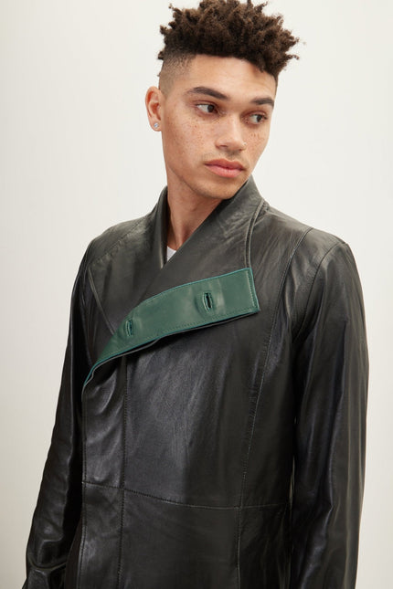 Men's Double-Breasted Lambskin Leather Overcoat - Black Green | Ron Tomson