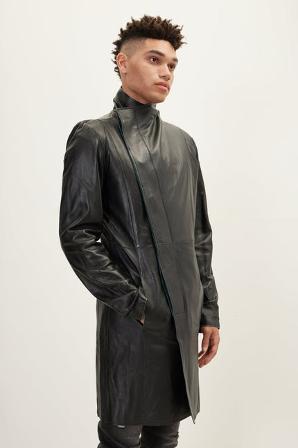 Men's Double-Breasted Lambskin Leather Overcoat - Black Green | Ron Tomson