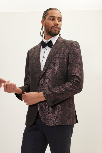 Men's Glitter Paisley Dinner Jacket - Burgundy | Ron Tomson
