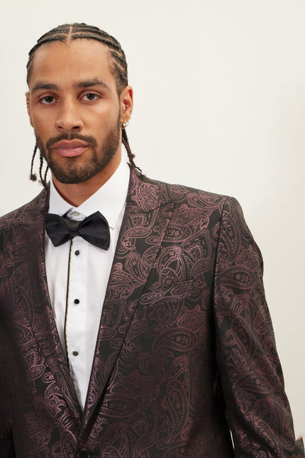 Men's Glitter Paisley Dinner Jacket - Burgundy | Ron Tomson