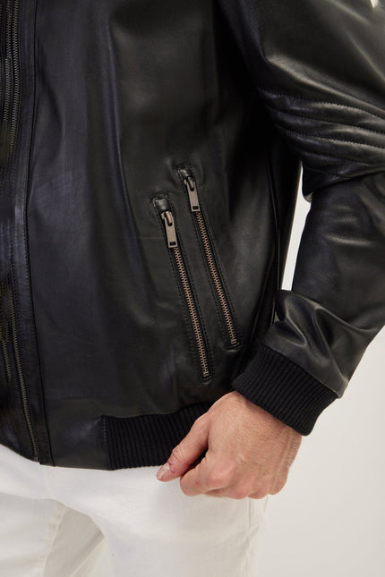 Men's Mandarin Collar Nappa Lambskin Bomber Jacket - Black | Ron Tomson