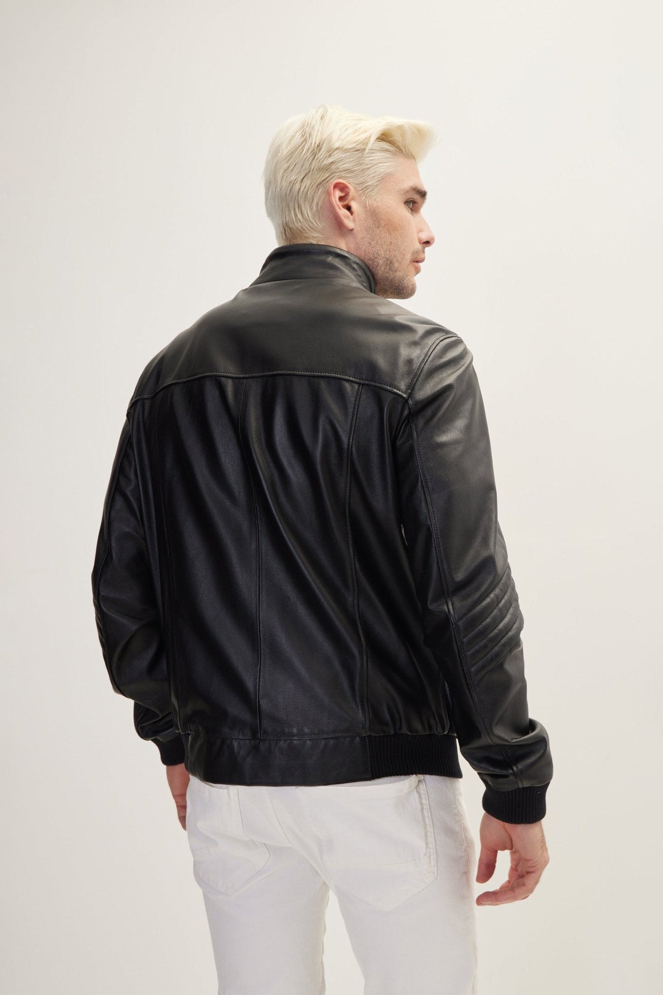 Men's Mandarin Collar Nappa Lambskin Leather Bomber Jacket - Black