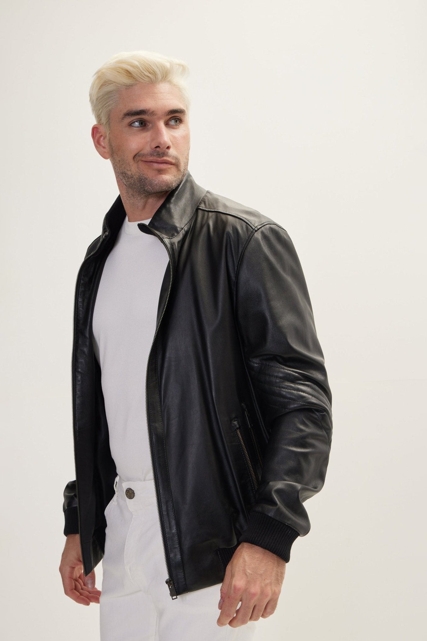 Men's Mandarin Collar Nappa Lambskin Leather Bomber Jacket - Black