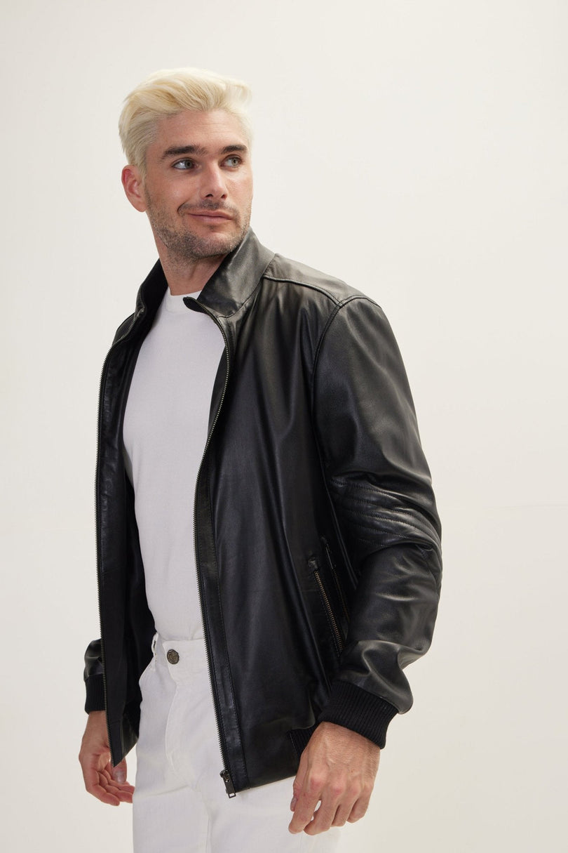 Men's Mandarin Collar Nappa Lambskin Bomber Jacket - Black | Ron Tomson