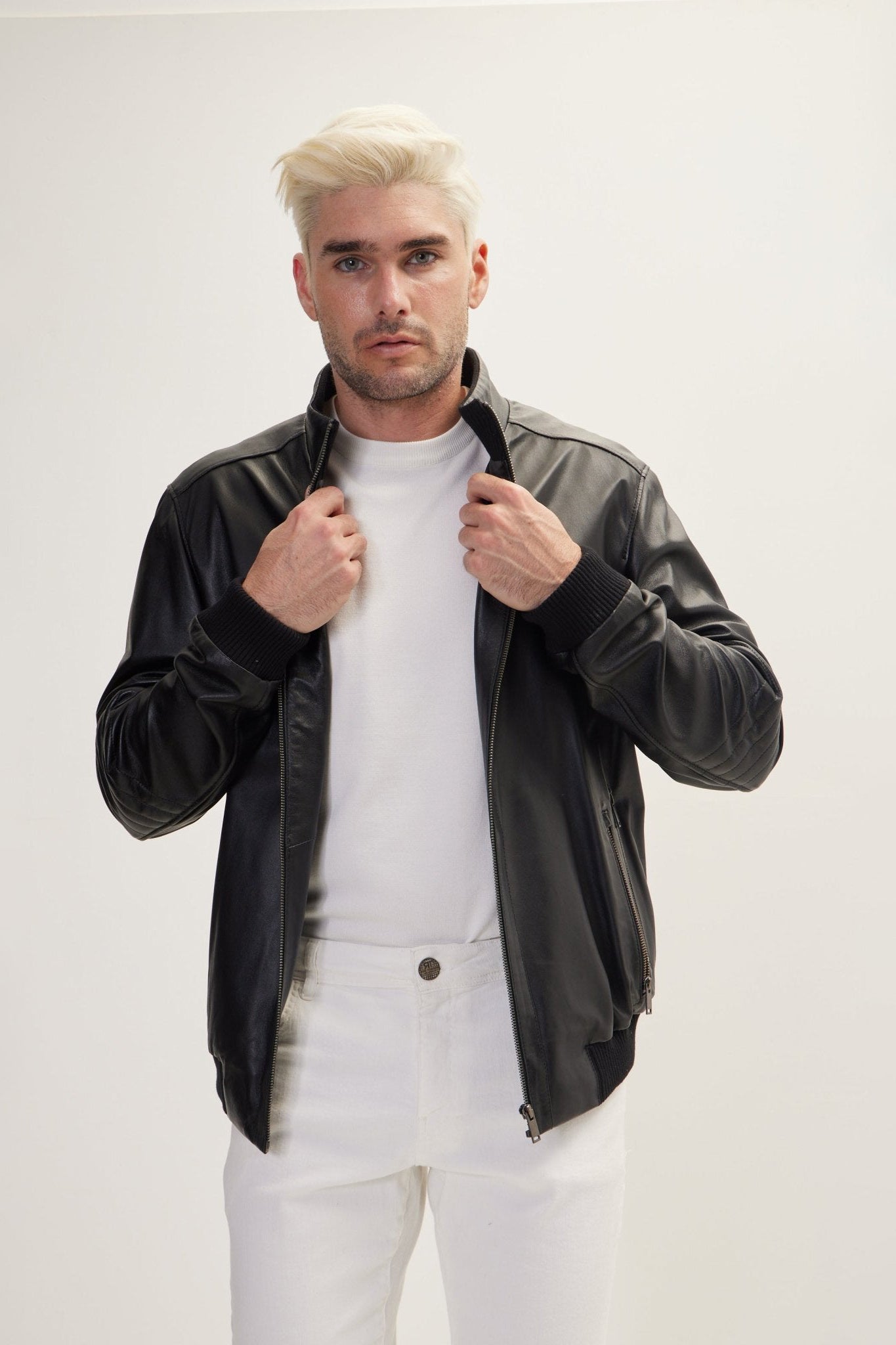 Men's Mandarin Collar Nappa Lambskin Leather Bomber Jacket - Black