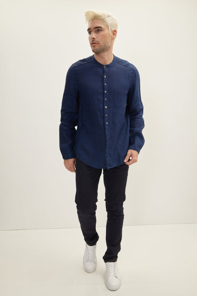 Men's Mandarin Collar Linen Shirt - Indigo | Ron Tomson