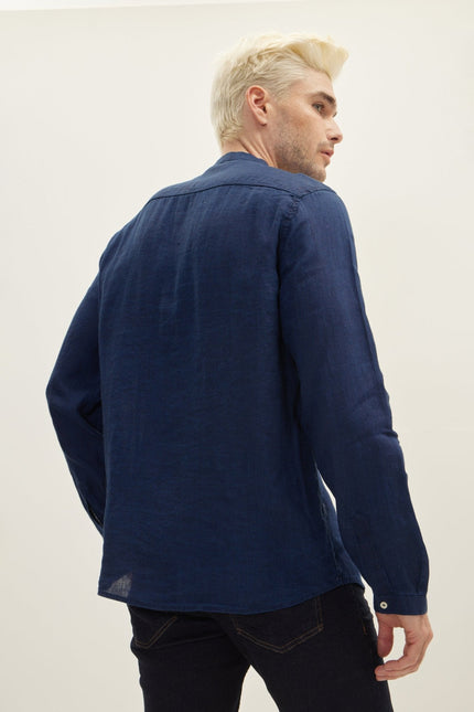 Men's Mandarin Collar Linen Shirt - Indigo | Ron Tomson