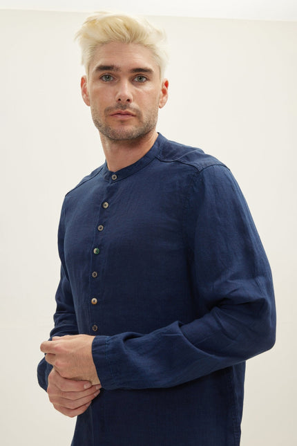 Men's Mandarin Collar Linen Shirt - Indigo | Ron Tomson