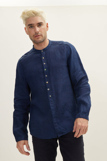 Men's Mandarin Collar Linen Shirt - Indigo | Ron Tomson