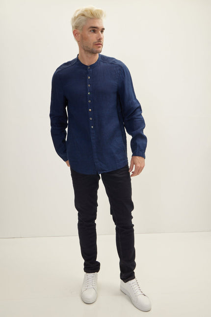 Men's Mandarin Collar Linen Shirt - Indigo | Ron Tomson