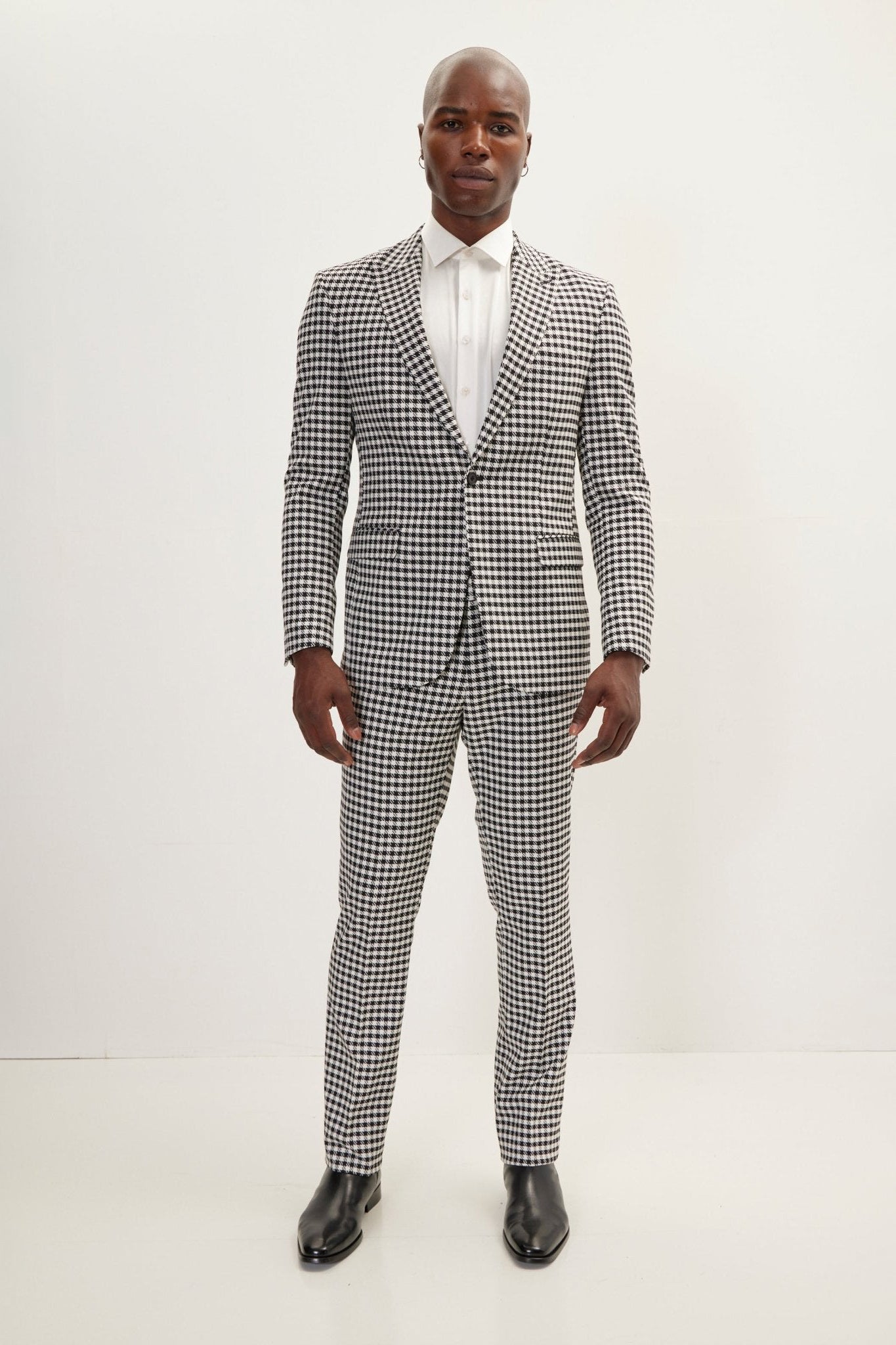 Men's Houndstooth Peak Lapel Single-Breasted Suit - Black White