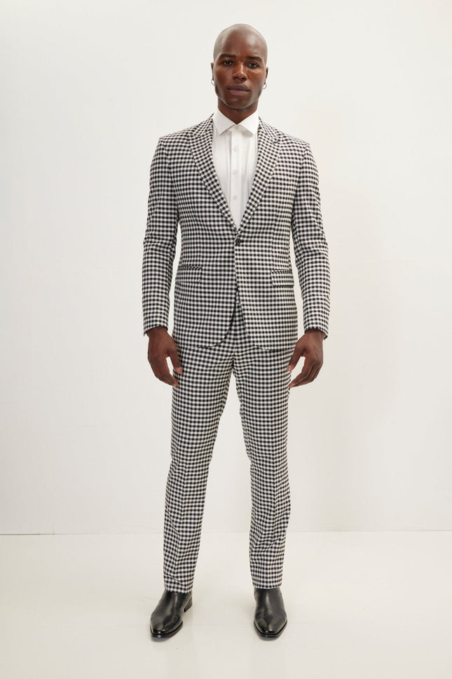 Houndstooth Peak Lapel Single-Breasted Suit - Black White