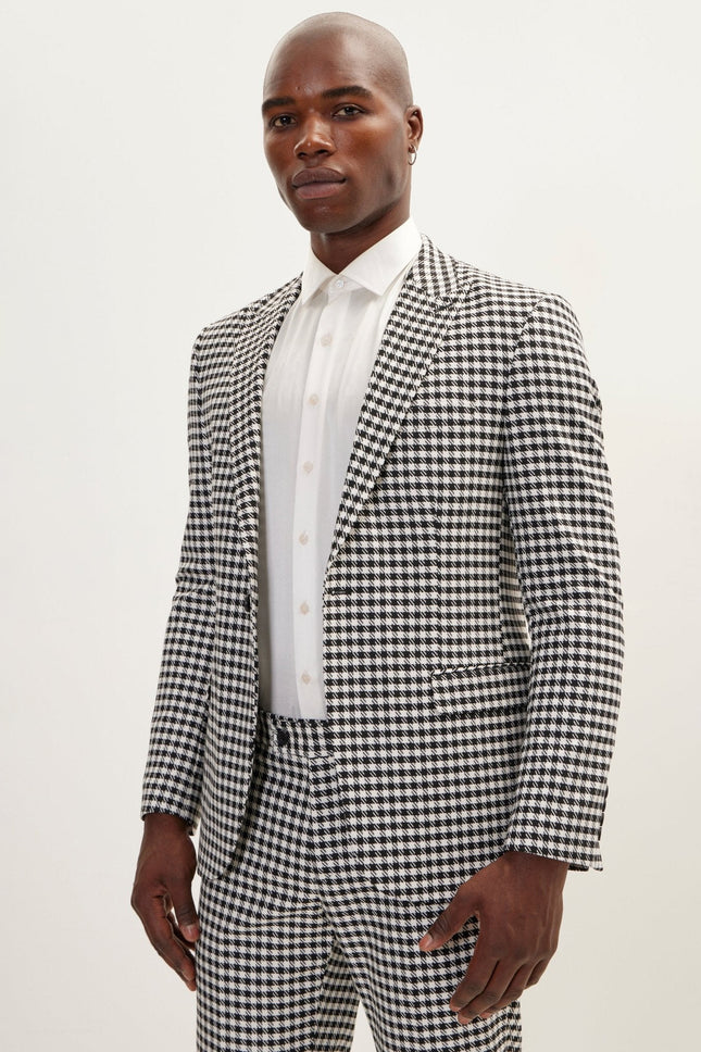 Houndstooth Peak Lapel Single-Breasted Suit - Black White