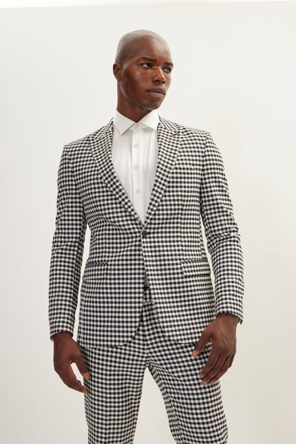 Men's Houndstooth Peak Lapel Single-Breasted Suit - Black White | Ron Tomson