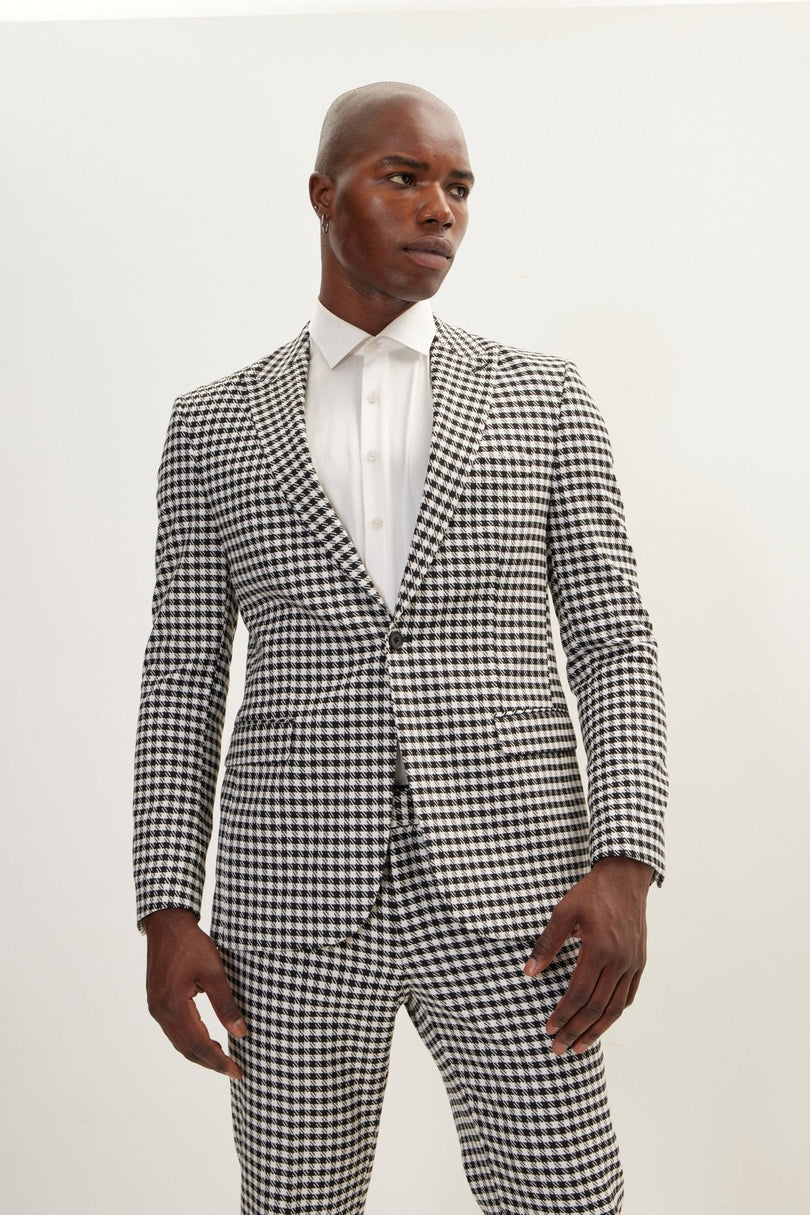 Men's Houndstooth Peak Lapel Single-Breasted Suit - Black White | Ron Tomson