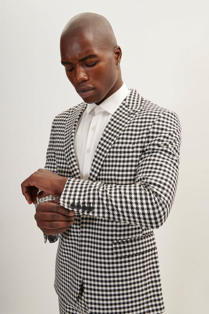 Men's Houndstooth Peak Lapel Single-Breasted Suit - Black White | Ron Tomson