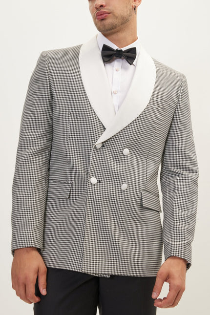 Men's Houndstooth Double-Breasted Dinner Jacket - Off-White Black | Ron Tomson