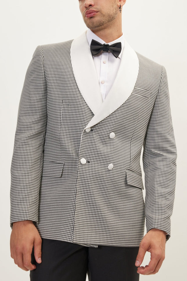 Men's Houndstooth Double-Breasted Dinner Jacket - Off-White Black | Ron Tomson