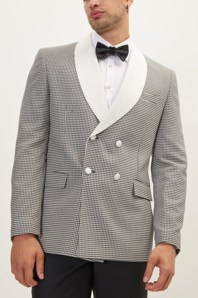 Men's Houndstooth Double-Breasted Dinner Jacket - Off-White Black | Ron Tomson