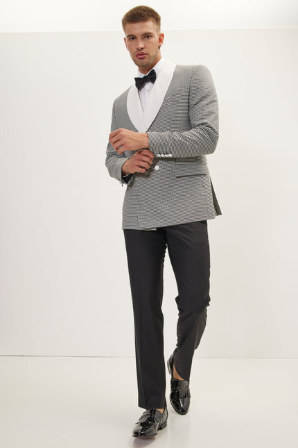 Men's Houndstooth Double-Breasted Dinner Jacket - Off-White Black | Ron Tomson
