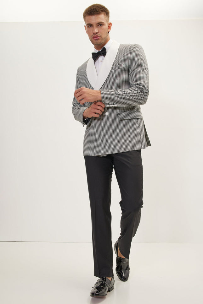 Men's Houndstooth Double-Breasted Dinner Jacket - Off-White Black | Ron Tomson