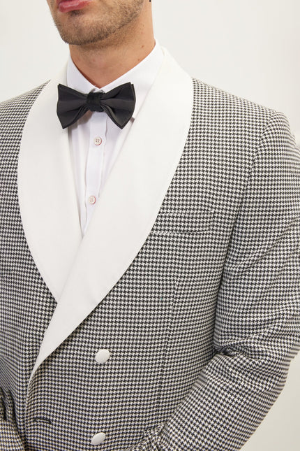 Men's Houndstooth Double-Breasted Dinner Jacket - Off-White Black | Ron Tomson