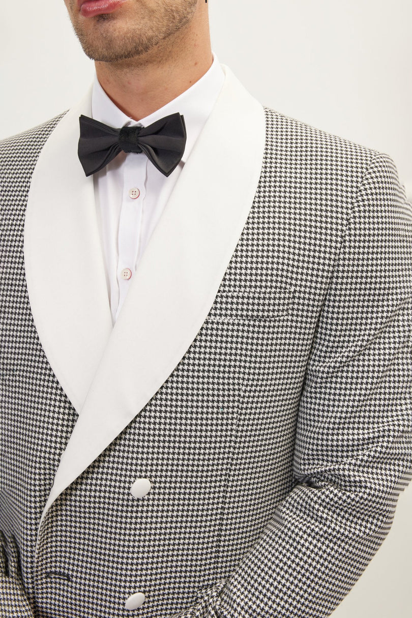 Men's Houndstooth Double-Breasted Dinner Jacket - Off-White Black | Ron Tomson