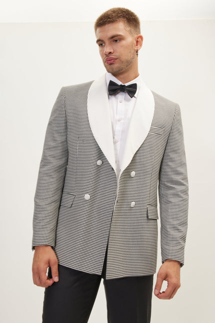 Men's Houndstooth Double-Breasted Dinner Jacket - Off-White Black | Ron Tomson