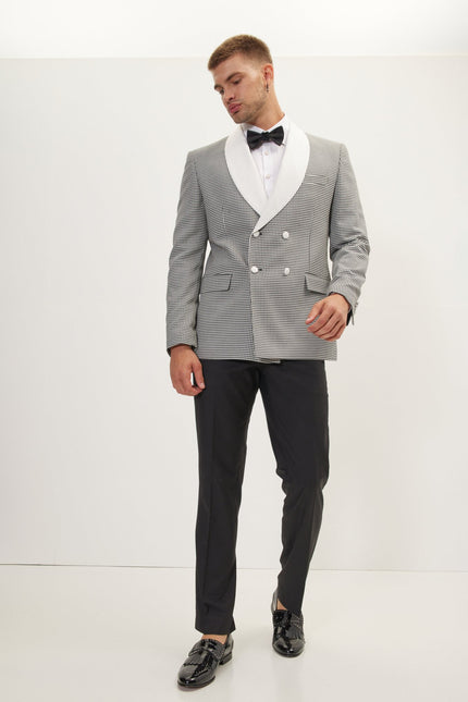 Men's Houndstooth Double-Breasted Dinner Jacket - Off-White Black | Ron Tomson