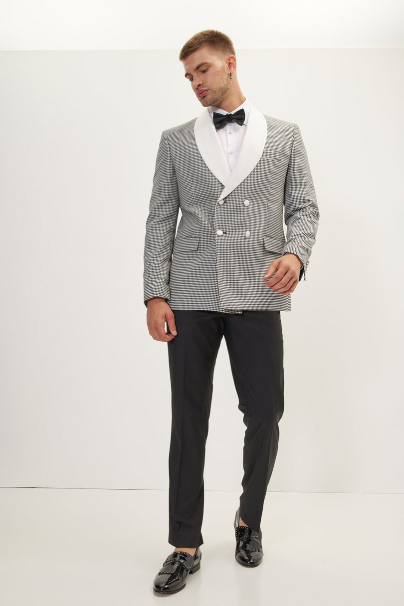 Men's Houndstooth Double-Breasted Dinner Jacket - Off-White Black | Ron Tomson