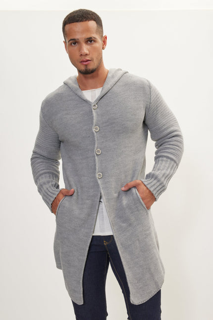 Men's Long Ribbed Cardigan - Grey | Ron Tomson