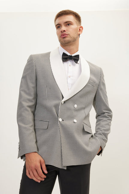 Men's Houndstooth Double-Breasted Dinner Jacket - Off-White Black | Ron Tomson