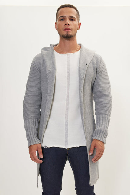 Men's Long Ribbed Cardigan - Grey | Ron Tomson