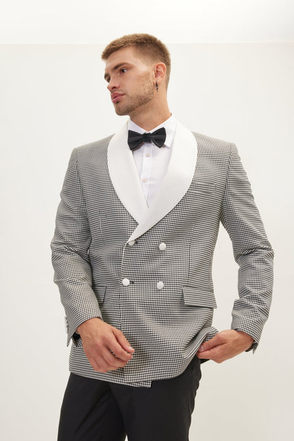 Men's Houndstooth Double-Breasted Dinner Jacket - Off-White Black | Ron Tomson