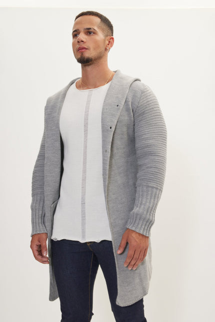 Men's Long Ribbed Cardigan - Grey | Ron Tomson