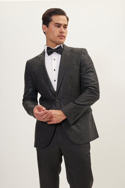 Men's GLITTER PAISLEY PEAK LAPEL TUXEDO JACKET - BLACK | Ron Tomson