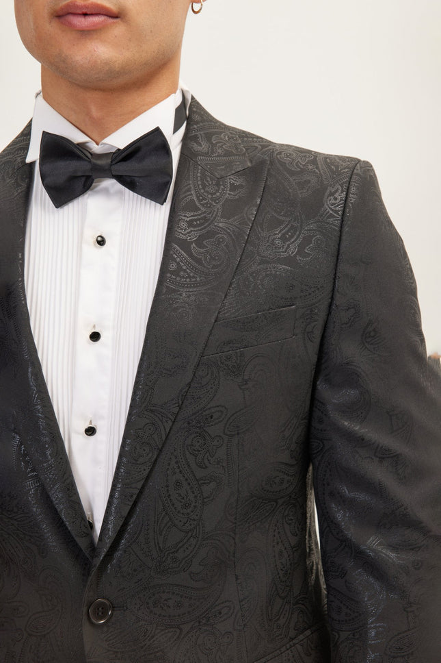 Men's GLITTER PAISLEY PEAK LAPEL TUXEDO JACKET - BLACK | Ron Tomson