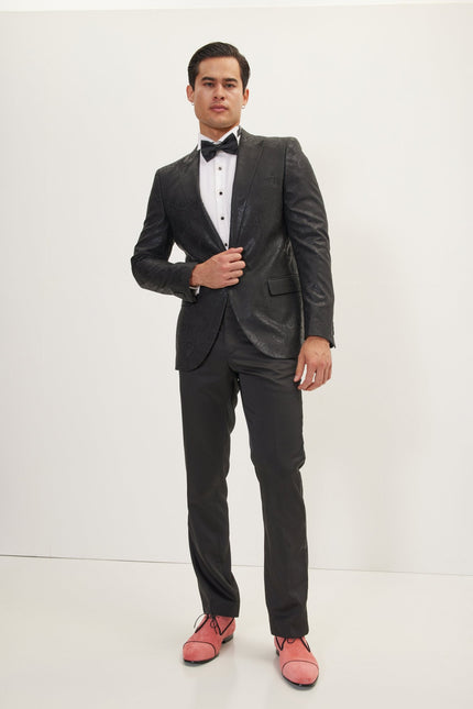 Men's GLITTER PAISLEY PEAK LAPEL TUXEDO JACKET - BLACK | Ron Tomson