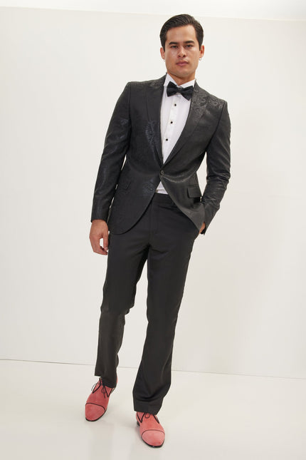 Men's GLITTER PAISLEY PEAK LAPEL TUXEDO JACKET - BLACK | Ron Tomson